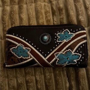 Brown Women's Wallet/wristlet with Turquoise Floral Embroidery and Concho Detail